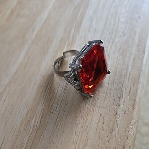 Elegant Silver Tone and Red Gem Like Ring Fashion Ladies Statement Piece Play